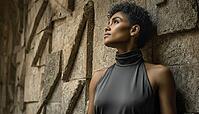 A stylish woman with short hair wearing a dark halter dress. African American. Looking thoughtfully upward. Outdoor fashion shoot. Contemplative expression. Standing against a textured wall, AI generated [IBR125237520]