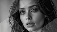 Black and white image of a model in a studio environment posing behind sheets of glass. Flawless complexion. Sensual portrait of a fashion model, AI generated [IBR125237522]