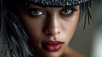 Extreme closeup of a captivating high-fashion African American model in a hat accented with feathres. Confident direct gaze. Skin care and cosmetics. Studio portrait of a glamorous woman with piercing brown eyes, AI generated [IBR125237523]