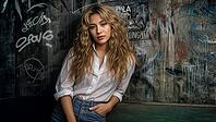 Young model in a white shirt and blue jeans standing in front of a wall filled with graffiti, AI generated [IBR125237527]