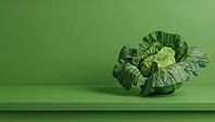 A minimalist composition of a single head of cabbage with expansive leaves on a green countertop against a green background. Promoting a healthy diet. High in fiber and antioxidents. Ample copy space, AI generated [IBR125237531]
