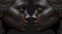 A surreal image of a woman becoming self-aware. Duality and the inner self. Introspection. Soul searching and reflection. African Anerican twins in profile, AI generated [IBR125237534]