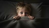 A frightened boy covering his face with a blanket. Hearing a strange noise. The boogey man. Sleepless night. Afraid of the dark. A wild iimagination, AI generated [IBR125237535]