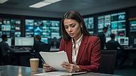 Nightly news anchor looking over notes for the evening broadcast. Anchorwoman. Active newsroom background. Cup of coffee at her desk, AI generated [IBR125237537]