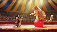 A cute illustration of a mouse as a ringmaster making a cat balance on a ball and perform tricks. Cats and mice look on under a circus tent, AI generated [IBR125237538]