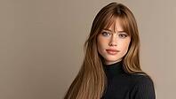A beautiful fashion model highlighting a natural, youthful and healthy complexion. Skin care and cosmetics. Long auburn hair. A woman in a black turtleneck sweater. Copy space, AI generated [IBR125237540]