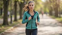 Fit young woman with freckles jogging in a park. Attractive female runner exercising outdoors in teal jacket. Healthy lifestyle cardio, tracksuit, joggers, sportswear, athleisure, AI generated [IBR125237542]