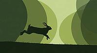 Illustration of a running rabbit. Minimalist composition in colors of green, representing a wooded area of trees, AI generated [IBR125237543]