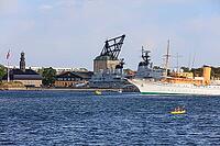 Copenhagen Naval Station on Nyholm with frigate Peter Skram and royal yacht Dannebrog, seen from Langelinie, Copenhagen København, Zealand Sjælland, Denmark, Baltic Sea [IBR125242413]