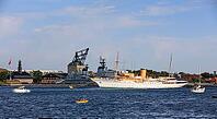 Copenhagen Naval Station on Nyholm with frigate Peter Skram and royal yacht Dannebrog, seen from Langelinie, Copenhagen København, Zealand Sjælland, Denmark, Baltic Sea [IBR125242425]