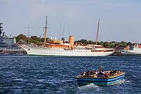 Royal yacht Kongeskibet Dannebrog in front of Copenhagen Naval Station on Nyholm, seen from Langelinie, Copenhagen København, Zealand Sjælland, Denmark, Baltic Sea [IBR125242430]