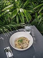 Spaghetti Carbonara and coconut under palm tree [IBR125261567]