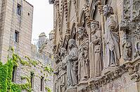 Architectural detail of the facade of Iglesia de Santa Maria la Real, a historic Gothic church in Olite, Navarra, northern Spain [IBR125261611]