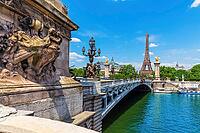 Close view of Alexandre III Bridge with sculptures over Seine river, Paris, France [IBR125261635]