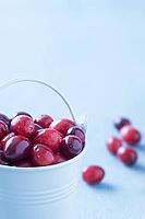 Fresh cranberries in a white bucket on a blue wooden table [IBR125280295]