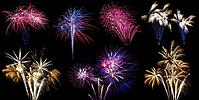 A collage or compilation of different Fireworks bursting, isolated on black background in high resolution [IBR125280356]