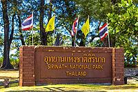 Thalang District Phuket Province Thailand 12. February 2020 Welcome and entrance road sign signpost signage to Mai Khao Beach Airport Naiyang Beach in Sirinat National Park on Phuket island Thailand [IBR125280379]