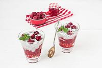 Chia seeds coconut milk pudding with oatmeal granola, raspberry jam, coconut chips and mint in glass on white wooden background [IBR125304594]