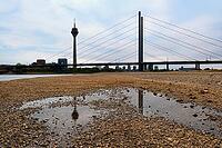 View of the Rhine with very low water, behind it the television tower, reflection, drought, lack of water, Düsseldorf, Germany [IBR125324092]