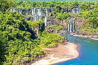Foz do Iguacu Iguazu Falls waterfall fall waterfalls cascade cascades in tropical nature rainforest panorama view with blue sky and turquoise green water in Parana Brazil and Misiones Argentina [IBR125324144]