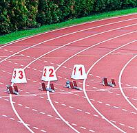 Lanes one through 3 equiped with starting blocks for the 100m dash [IBR125324145]