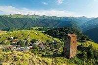 Omalo village landscape, Upper Omalo in Tusheti, Georgia, with Tush towers. Omalo is an ancient village located in a popular hiking area in Tusheti, Georgia [IBR125331140]