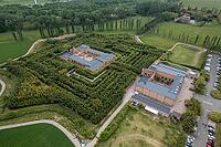Drone shot of Maze of Masone the largest bamboo labyrinth in existence, it is entirely made of bamboo plants in Fontanellato Italy made by Franco Maria Ricci in Parma, Italy [IBR125331156]