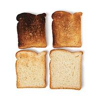 Square slices of bread made from white wheat flour toasted in toaster, food of varying degrees of frying, set [IBR125331177]