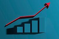 Red arrow and columns graph with growing indicators on a blue background, 3D rendering illustration [IBR125344252]