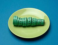 Green round plate and green measuring tape on blue background, weight loss concept, flat lay [IBR125344257]