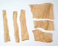 Torn brown pieces of parchment paper on a white background, flat lay [IBR125344318]