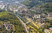 Aerial view, town view with river Lippe, town hall and Stennertbrücke, canoe wildlife water park Hohenlimburg water sports complex, Hohenlimburg, Hagen, Ruhr area, North Rhine-Westphalia, Germany, authority, DE, Europe, aerial photography, aerial photogra [IBR113372472]