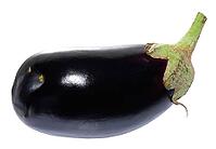 An eggplant with a dark purple, glossy surface. The vegetable has a smooth, elongated shape, isolated on a background [IBR125363543]