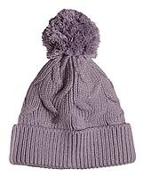 Knitted woolen pink hat with pompom on isolated background, close up [IBR125363586]