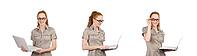 Businesswoman using laptop against white background [IBR125363604]