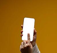 Close-up of female hands holding modern smartphone with blank white screen. Yellow background. Mock up [IBR125363614]