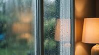 Rain Drops on Window Glass with Warm Lamp Glow and Blurred Spring Garden, Cozy Rainy Evening Background with Copy Space, AI generated [IBR125395930]