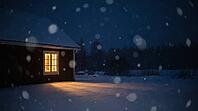 Warm Glowing Window of a Country House in a Snowy Yard at Winter Night with Falling Snow Bokeh, Background with Copy Space, AI generated [IBR125395937]