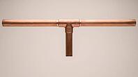 A copper pipe T-junction with a short branch line, smooth even exterior surface on all fittings, no visible marks, on a plain grey studio background, close-up product shot, AI generated [IBR125395940]