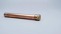 A capped copper pipe section with a smooth metal end cap and even exterior surface, no visible marks or moisture, on a plain grey studio background, close-up product shot, AI generated [IBR125395943]