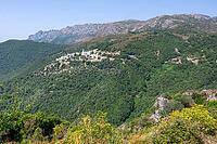 Panoramic view of the serpentine curve of the department road D5 above the village of Lento with its bright natural stone houses and the church tower visible from afar amidst densely wooded mountain slopes and scrub against the imposing mountain backdrop  [IBR125405042]
