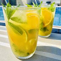 A zesty blend of fresh orange juice, mint leaves, lime, and sparkling soda, served over ice. This cooling mojito is the perfect poolside refreshment on a warm, sunny day [IBR125405057]