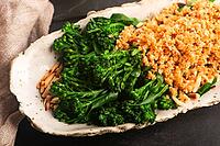 Blanched Bimi Broccoli with Toasted Almonds, Butter and Breadcrumbs on Handmade Ceramic Plate [IBR125405065]