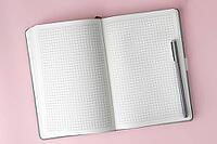 Open notebook with squared paper and pen on pink background, symbolizing creativity, planning, education, productivity, and clean workspace for notes or design projects, copyspace [IBR125405068]