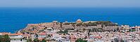 Panoramic view of the Greek city of Rethymno from a height on the island of Crete Greece. Residential buildings and the Aegean sea. [IBR125405089]