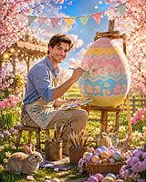 Man paints large Easter egg in a flowery garden, surrounded by cheerful bunnies and pastel-colored eggs, symbol of relaxation and leisure in spring, AI generates, AI generated [IBR125407388]