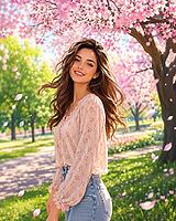 Woman in spring landscape with blooming cherry trees, smiling happily, in elegant spring outfit, symbolic picture relaxation and leisure in spring, AI generates, AI generated [IBR125407390]