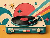 Retro turntable in paper art style in turquoise and red, represents nostalgic music atmosphere, papercut vintage motif, AI generated [IBR125407399]
