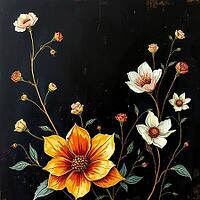 Bright flowers in orange and white shine on a black background, painting floral motif, AI generated [IBR125407403]