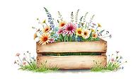 Various garden flowers in a rustic wooden box, bright and colorful, painting floral motif, AI generated [IBR125407404]